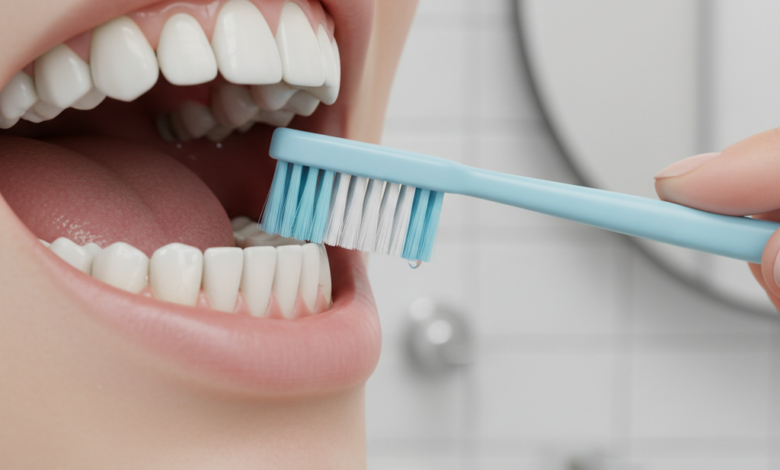 Close-up, photorealistic view of a healthy dental implant crown and gumline, being gently cleaned by a soft-bristled toothbrush held by a human hand, with a blurred background.