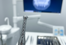 Close-up of gleaming, high-tech dental implant surgical instruments in a sterile, modern dental clinic, with a blurred background suggesting advanced digital planning and comfort.