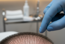 Close-up of a human scalp with short, newly transplanted hair follicles. A gloved hand carefully inspects the area in a clean, blurred medical or personal care setting, symbolizing vigilant post-operative care and infection prevention for hair implants.