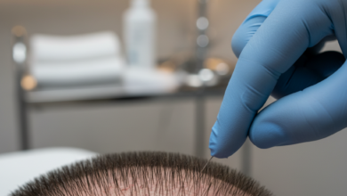 Close-up of a human scalp with short, newly transplanted hair follicles. A gloved hand carefully inspects the area in a clean, blurred medical or personal care setting, symbolizing vigilant post-operative care and infection prevention for hair implants.