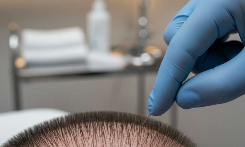Close-up of a human scalp with short, newly transplanted hair follicles. A gloved hand carefully inspects the area in a clean, blurred medical or personal care setting, symbolizing vigilant post-operative care and infection prevention for hair implants.