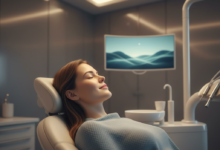Photorealistic image of a patient in a modern, comfortable dental chair, deeply relaxed or lightly sedated, with soft lighting and blurred advanced dental equipment in the background. The scene conveys tranquility and professional care.