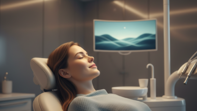 Photorealistic image of a patient in a modern, comfortable dental chair, deeply relaxed or lightly sedated, with soft lighting and blurred advanced dental equipment in the background. The scene conveys tranquility and professional care.