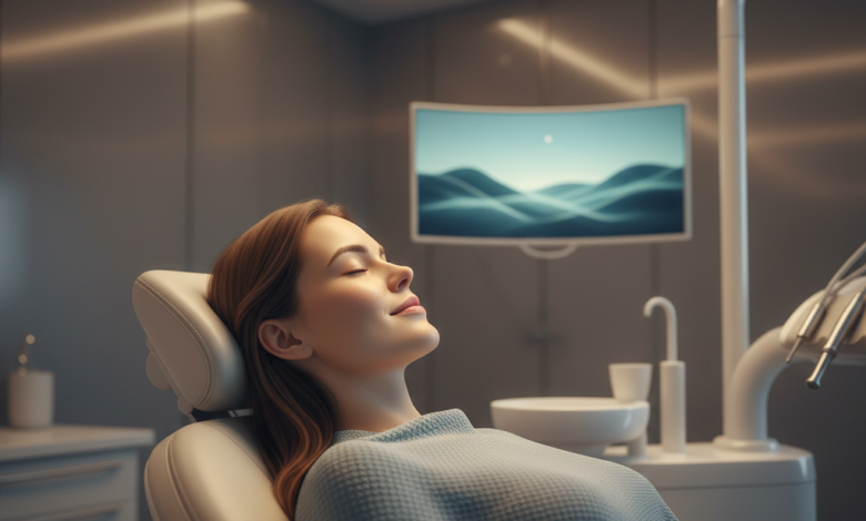 Photorealistic image of a patient in a modern, comfortable dental chair, deeply relaxed or lightly sedated, with soft lighting and blurred advanced dental equipment in the background. The scene conveys tranquility and professional care.