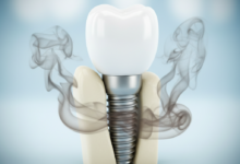 Photorealistic image of a perfectly set, healthy dental implant with a white crown, surrounded by a subtle, ominous cloud of dark grey and brownish smoke, symbolizing the risks of smoking to implant success. The background is blurred and neutral.