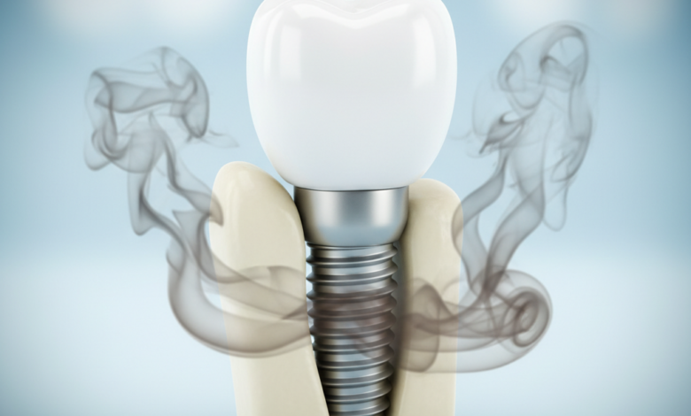 Photorealistic image of a perfectly set, healthy dental implant with a white crown, surrounded by a subtle, ominous cloud of dark grey and brownish smoke, symbolizing the risks of smoking to implant success. The background is blurred and neutral.