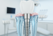Close-up, ultra-detailed photorealistic image of a shiny, metallic dental implant screw, conceptually positioned within a stylized, healthy jawbone or tooth root, set against a blurred, sterile, modern dental clinic background. The image emphasizes precision and advanced dental technology with bright, clean lighting and cool color tones.