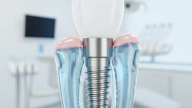 Close-up, ultra-detailed photorealistic image of a shiny, metallic dental implant screw, conceptually positioned within a stylized, healthy jawbone or tooth root, set against a blurred, sterile, modern dental clinic background. The image emphasizes precision and advanced dental technology with bright, clean lighting and cool color tones.