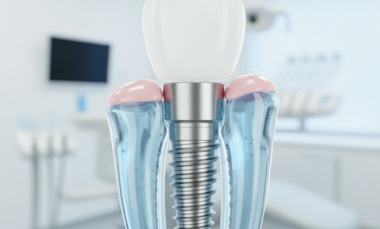Close-up, ultra-detailed photorealistic image of a shiny, metallic dental implant screw, conceptually positioned within a stylized, healthy jawbone or tooth root, set against a blurred, sterile, modern dental clinic background. The image emphasizes precision and advanced dental technology with bright, clean lighting and cool color tones.