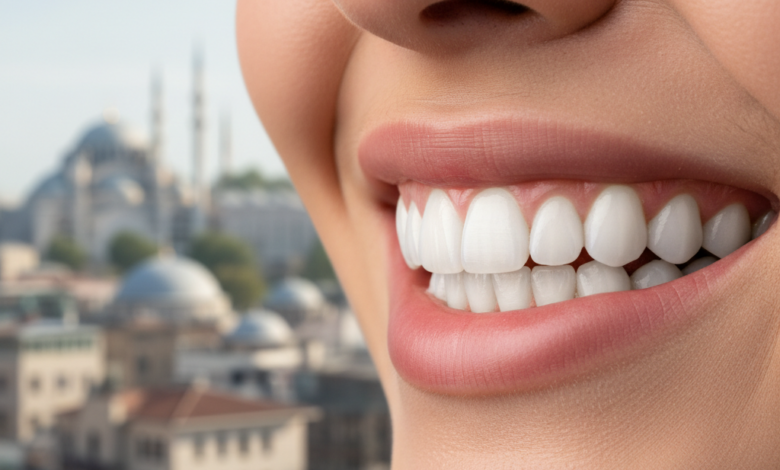 Close-up of a person smiling, showing a perfect set of white, even teeth that represent dental veneers. The background is softly blurred, revealing a generic Turkish cityscape with architectural elements like domes or minarets under a bright sky.