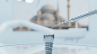 A photorealistic close-up of a modern, sterile dental setting showing a titanium dental implant on an anatomical model, with precision tools nearby. In the softly blurred background, a traditional Turkish architectural silhouette is subtly visible, hinting at the location.