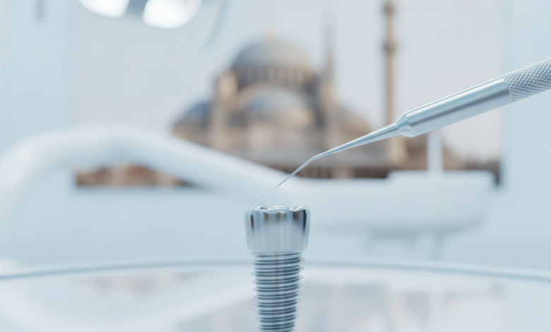 A photorealistic close-up of a modern, sterile dental setting showing a titanium dental implant on an anatomical model, with precision tools nearby. In the softly blurred background, a traditional Turkish architectural silhouette is subtly visible, hinting at the location.
