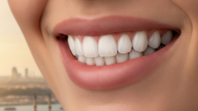 Close-up of a person with a radiant, healthy smile and bright, perfectly aligned teeth, with a blurred backdrop of the modern Istanbul cityscape at sunset, conveying successful dental treatment and medical tourism in Turkey.