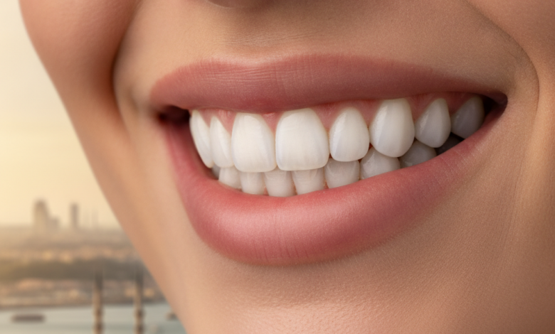 Close-up of a person with a radiant, healthy smile and bright, perfectly aligned teeth, with a blurred backdrop of the modern Istanbul cityscape at sunset, conveying successful dental treatment and medical tourism in Turkey.