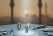 A close-up, photorealistic view of a sterile titanium dental implant on a blue surgical drape, surrounded by blurred modern dental instruments, with a deeply out-of-focus background subtly hinting at Turkish architecture.