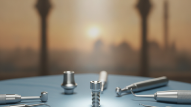 A close-up, photorealistic view of a sterile titanium dental implant on a blue surgical drape, surrounded by blurred modern dental instruments, with a deeply out-of-focus background subtly hinting at Turkish architecture.