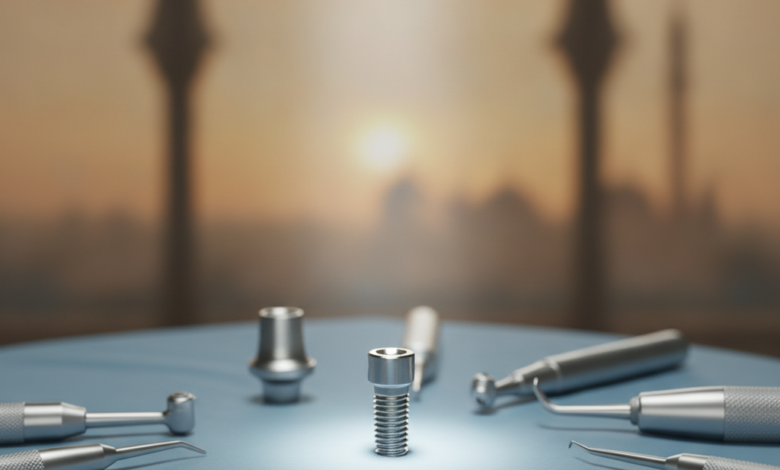 A close-up, photorealistic view of a sterile titanium dental implant on a blue surgical drape, surrounded by blurred modern dental instruments, with a deeply out-of-focus background subtly hinting at Turkish architecture.