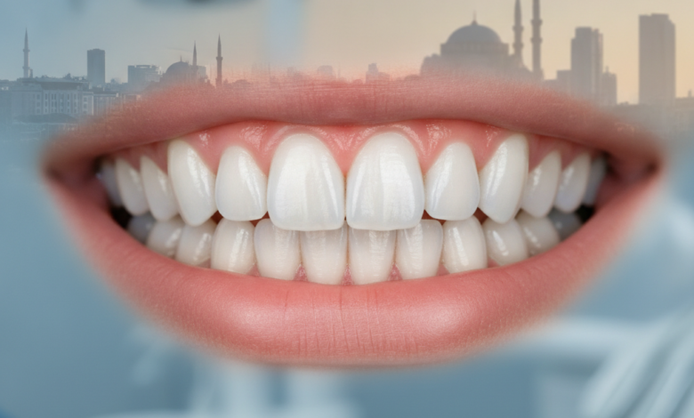 A close-up view of a healthy, pink, and perfectly contoured gum line framing bright white teeth, indicating a beautiful, symmetrical smile. The background is an indistinct, soft blur of a modern dental clinic interior, with a very faint, blurred silhouette of a city skyline in the far distance.