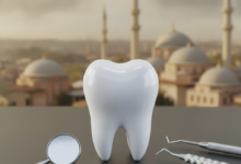 A close-up, sharp image of a stylized, healthy molar tooth and precision dental instruments, set against a very softly blurred, sunlit background of a Turkish city's architectural skyline with domes and minarets. The focus is on dental health and expertise, implying high-quality care in an international setting.