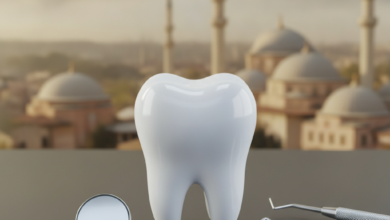 A close-up, sharp image of a stylized, healthy molar tooth and precision dental instruments, set against a very softly blurred, sunlit background of a Turkish city's architectural skyline with domes and minarets. The focus is on dental health and expertise, implying high-quality care in an international setting.