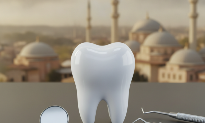 A close-up, sharp image of a stylized, healthy molar tooth and precision dental instruments, set against a very softly blurred, sunlit background of a Turkish city's architectural skyline with domes and minarets. The focus is on dental health and expertise, implying high-quality care in an international setting.