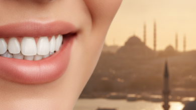 A close-up, photorealistic image of a subtle, confident smile with bright, perfectly aligned teeth and healthy lips, set against a beautifully blurred, warm-toned backdrop of a Turkish cityscape at sunset or sunrise.