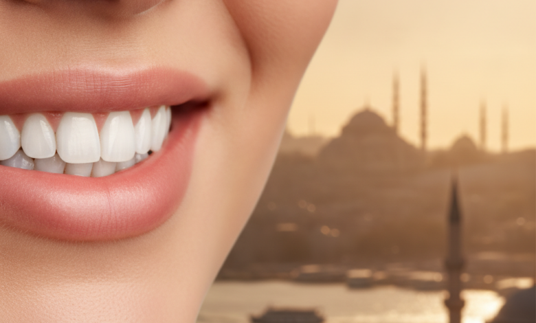 A close-up, photorealistic image of a subtle, confident smile with bright, perfectly aligned teeth and healthy lips, set against a beautifully blurred, warm-toned backdrop of a Turkish cityscape at sunset or sunrise.