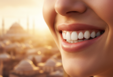 A close-up of a person's radiant, bright white smile, conveying happiness and confidence. The background is an extremely blurred, warm-toned, sunlit Turkish city skyline, hinting at travel and an exotic location.