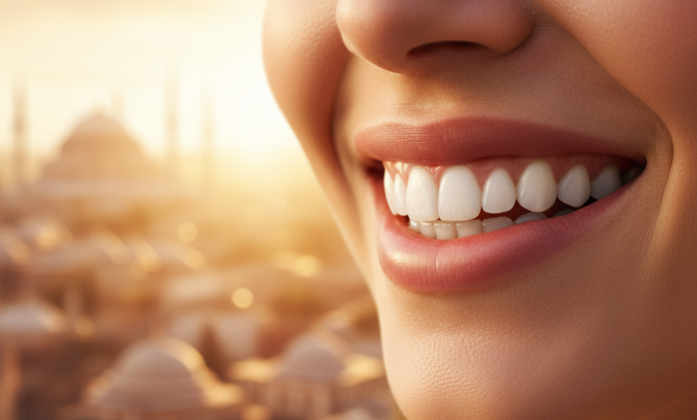 A close-up of a person's radiant, bright white smile, conveying happiness and confidence. The background is an extremely blurred, warm-toned, sunlit Turkish city skyline, hinting at travel and an exotic location.