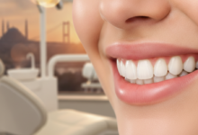 A close-up, photorealistic image of a radiant, healthy smile with perfectly aligned white teeth, subtly reflecting natural light. The background is a softly blurred modern dental clinic interior, with an extremely out-of-focus silhouette of Turkish architecture faintly visible in the far distance, conveying high-quality cosmetic dentistry and dental tourism.