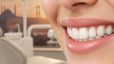 A close-up, photorealistic image of a radiant, healthy smile with perfectly aligned white teeth, subtly reflecting natural light. The background is a softly blurred modern dental clinic interior, with an extremely out-of-focus silhouette of Turkish architecture faintly visible in the far distance, conveying high-quality cosmetic dentistry and dental tourism.