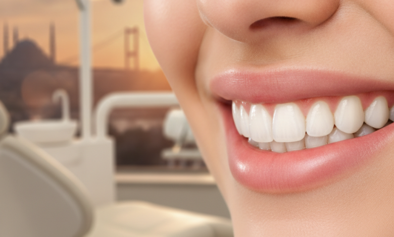 A close-up, photorealistic image of a radiant, healthy smile with perfectly aligned white teeth, subtly reflecting natural light. The background is a softly blurred modern dental clinic interior, with an extremely out-of-focus silhouette of Turkish architecture faintly visible in the far distance, conveying high-quality cosmetic dentistry and dental tourism.