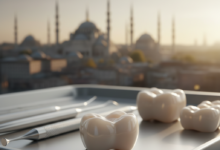 A close-up, detailed view of a gleaming, natural-looking zirconium dental crown, resting on a sterile dental tray. The background is softly blurred, showing a panoramic Turkish cityscape with historical minarets and architecture under warm sunlight.