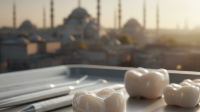 A close-up, detailed view of a gleaming, natural-looking zirconium dental crown, resting on a sterile dental tray. The background is softly blurred, showing a panoramic Turkish cityscape with historical minarets and architecture under warm sunlight.