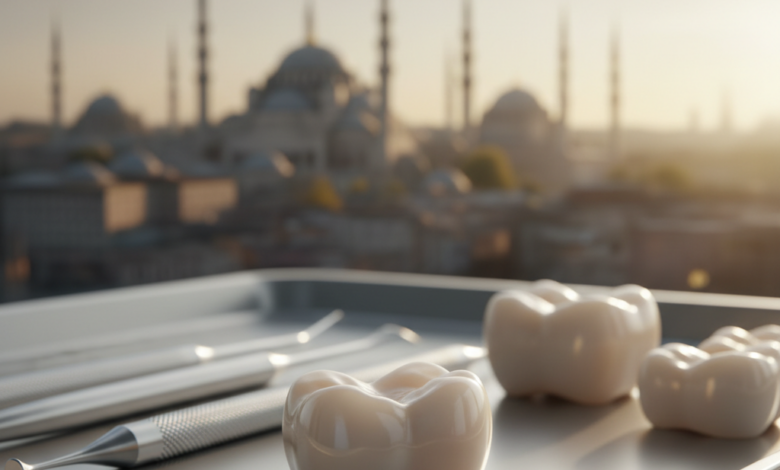A close-up, detailed view of a gleaming, natural-looking zirconium dental crown, resting on a sterile dental tray. The background is softly blurred, showing a panoramic Turkish cityscape with historical minarets and architecture under warm sunlight.