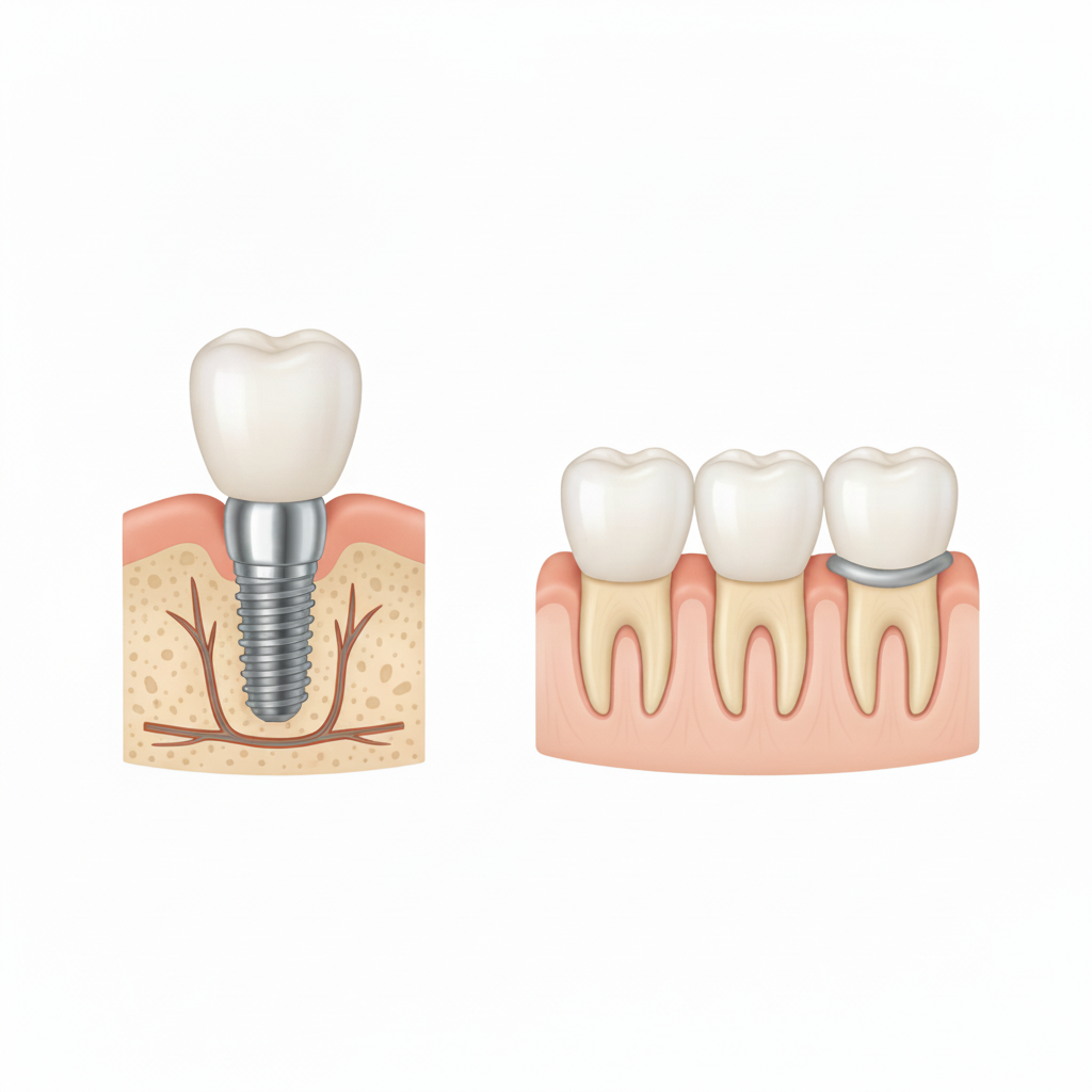 Dental Bridges vs Implants in Turkey: Detailed visual comparison highlighting the distinct mechanisms for tooth replacement.