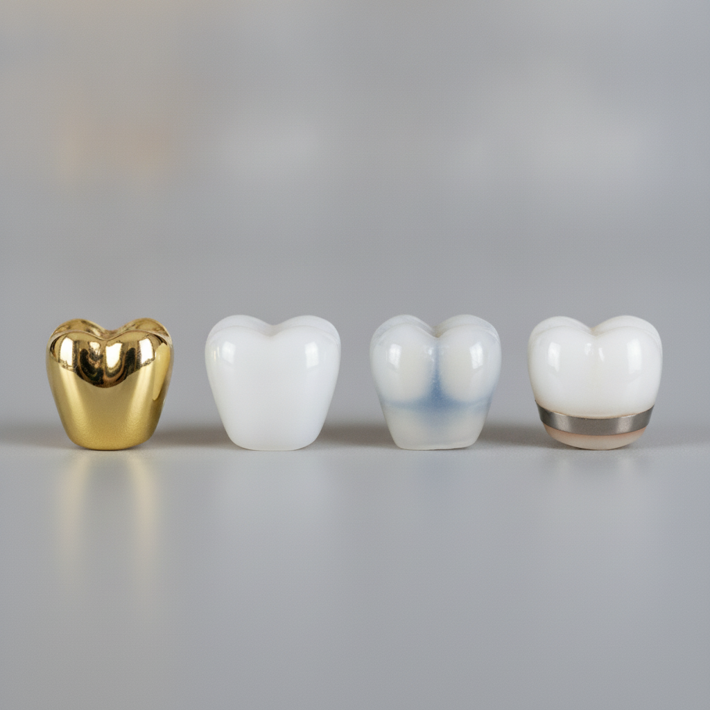 Different Dental Crown Types Displayed Dental Crowns in Turkey showcasing the diverse materials used for restorative dental treatments.