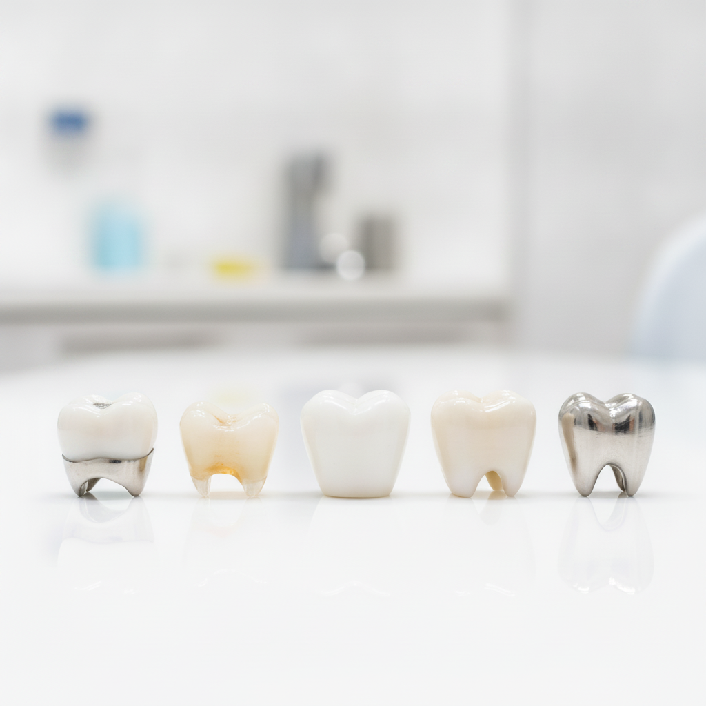 Exploring dental crown material options Dental Crowns in Turkey showing diverse materials like PFM, zirconia, and E-max for high-quality restoration.