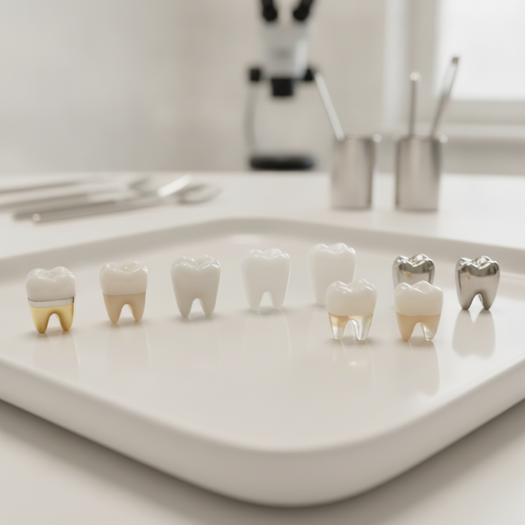 Assorted dental crown materials for restoration. Dental Crowns in Turkey. Diverse materials like porcelain, zirconia, and metal offer aesthetic and functional benefits.