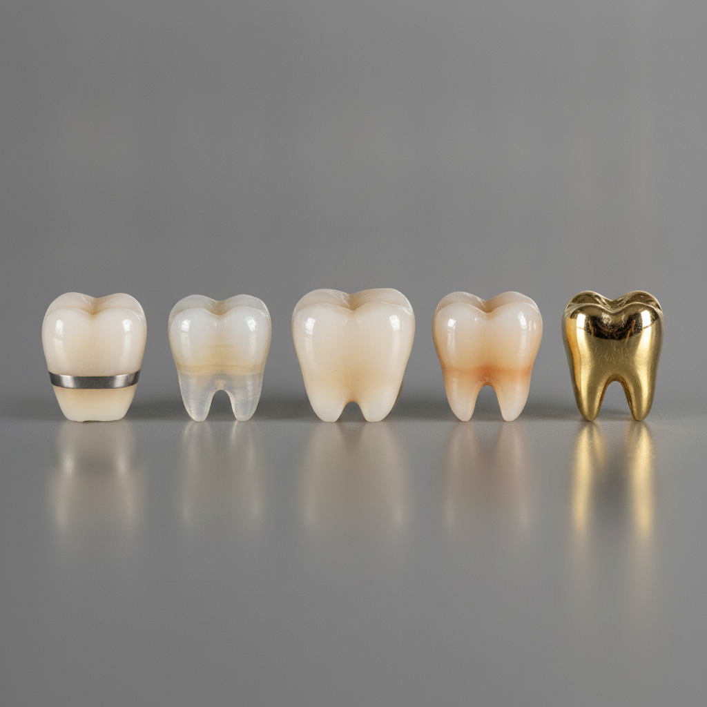 Visual Guide to Dental Crown Types Dental Crowns in Turkey, showing various materials like PFM, zirconia, and E-max for patient choice.