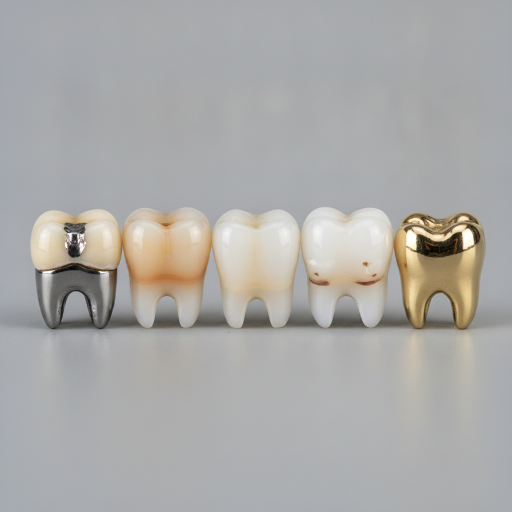 Dental Crowns in Turkey showcasing various materials like zirconia, E-max, and porcelain, for aesthetic restoration.