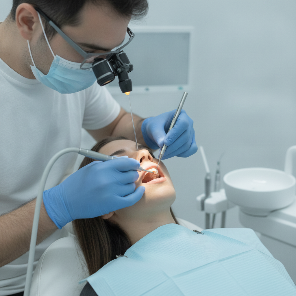 Professional dental crown procedure in clinic. Dental Crowns in Turkey: A professional dentist meticulously places a permanent crown on a patient's prepared tooth.