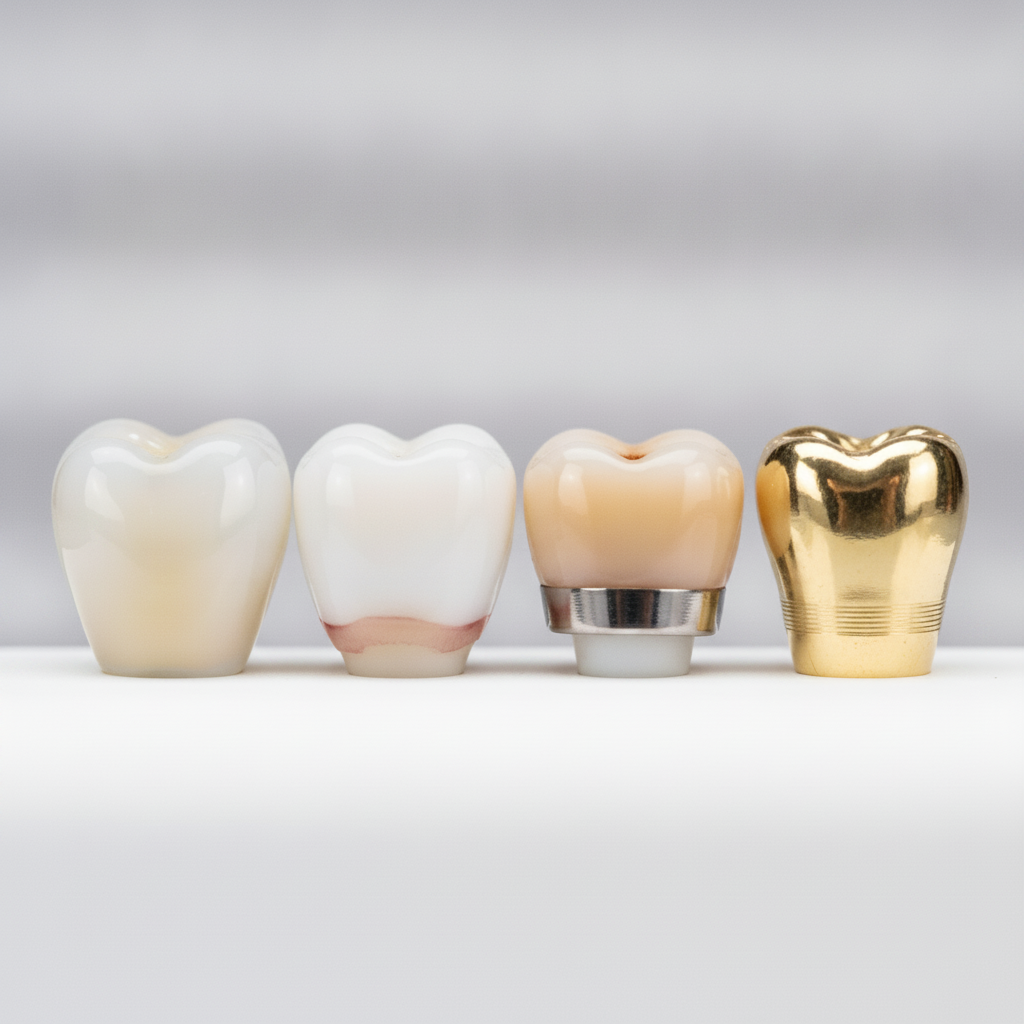 Variety of Dental Crown Material Types Dental Crowns in Turkey displaying diverse materials like ceramic, zirconia, PFM, and durable metal options.