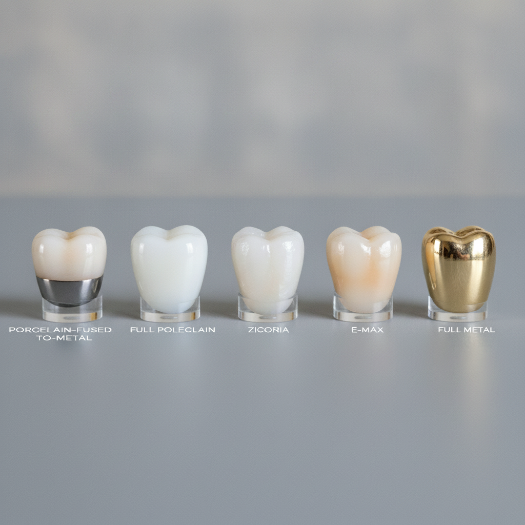 Comparing diverse dental crown material options Dental Crowns in Turkey showcasing the different material options available for restoration and aesthetics.