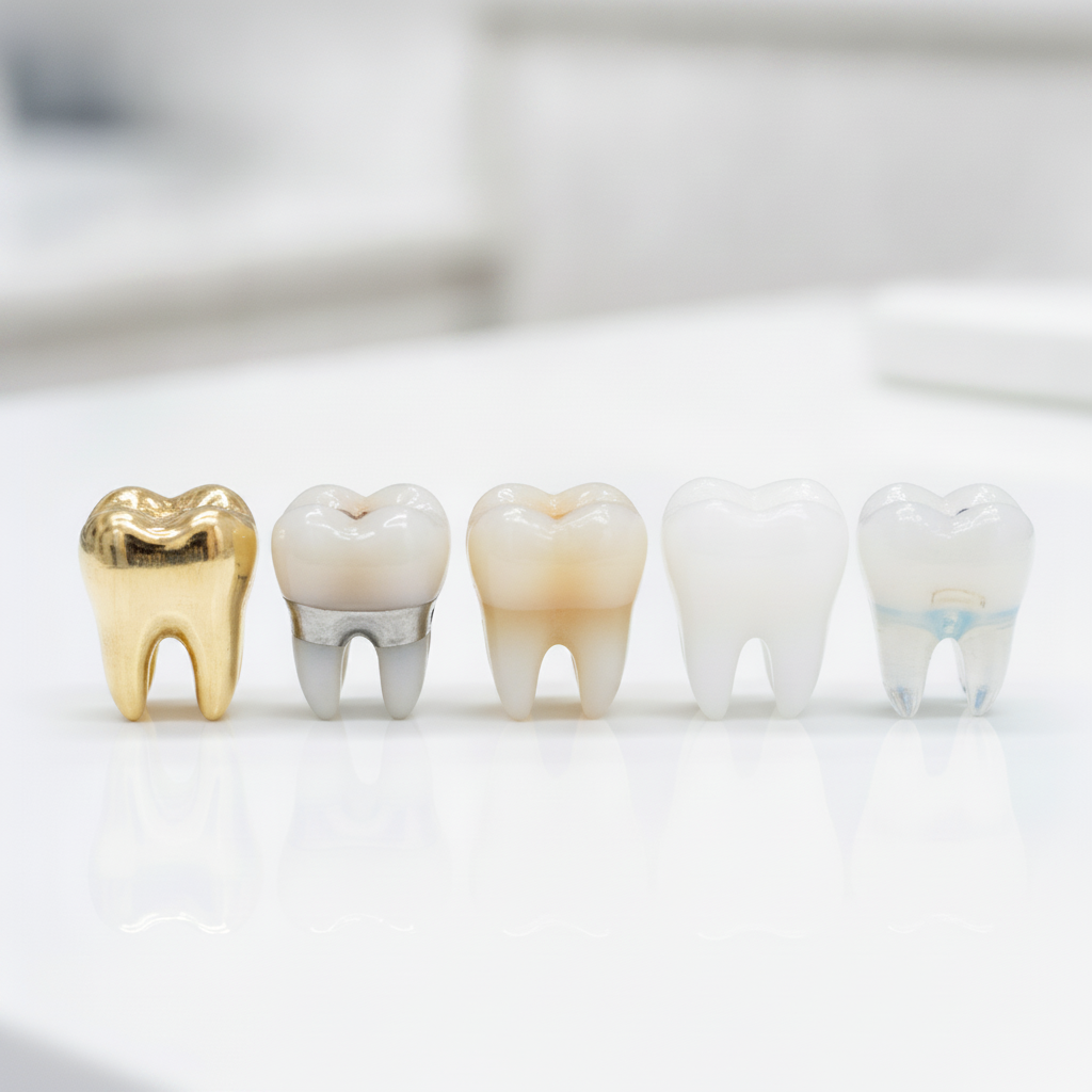 Visual Comparison of Dental Crown Types Dental Crowns in Turkey offer diverse types including PFM, Zirconia, E-max for various needs.