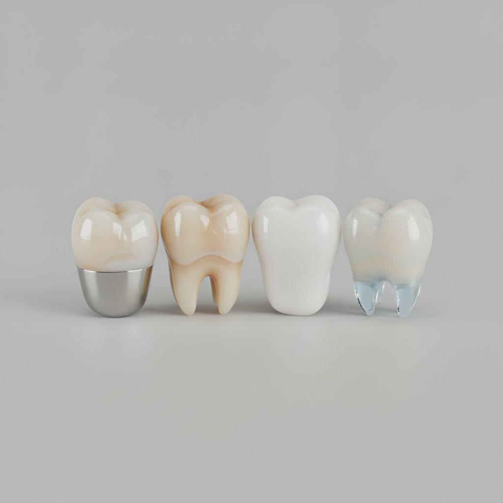 Comparing different dental crown material types. Dental Crowns in Turkey come in diverse materials, each offering unique benefits for strength and aesthetics.