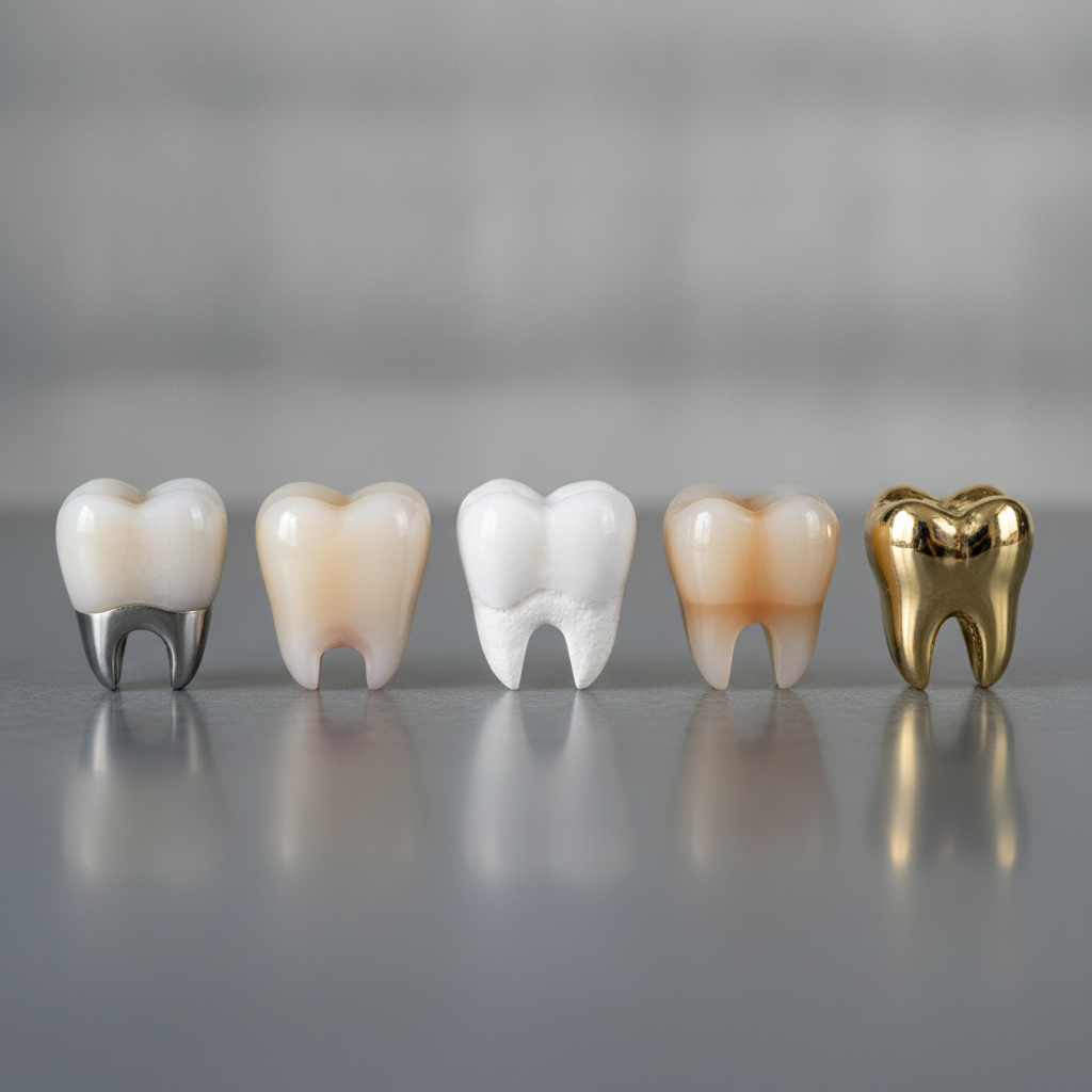 Visualizing various dental crown material options. Dental Crowns in Turkey showcasing various materials like porcelain, zirconia, and metal, explaining their distinct properties.