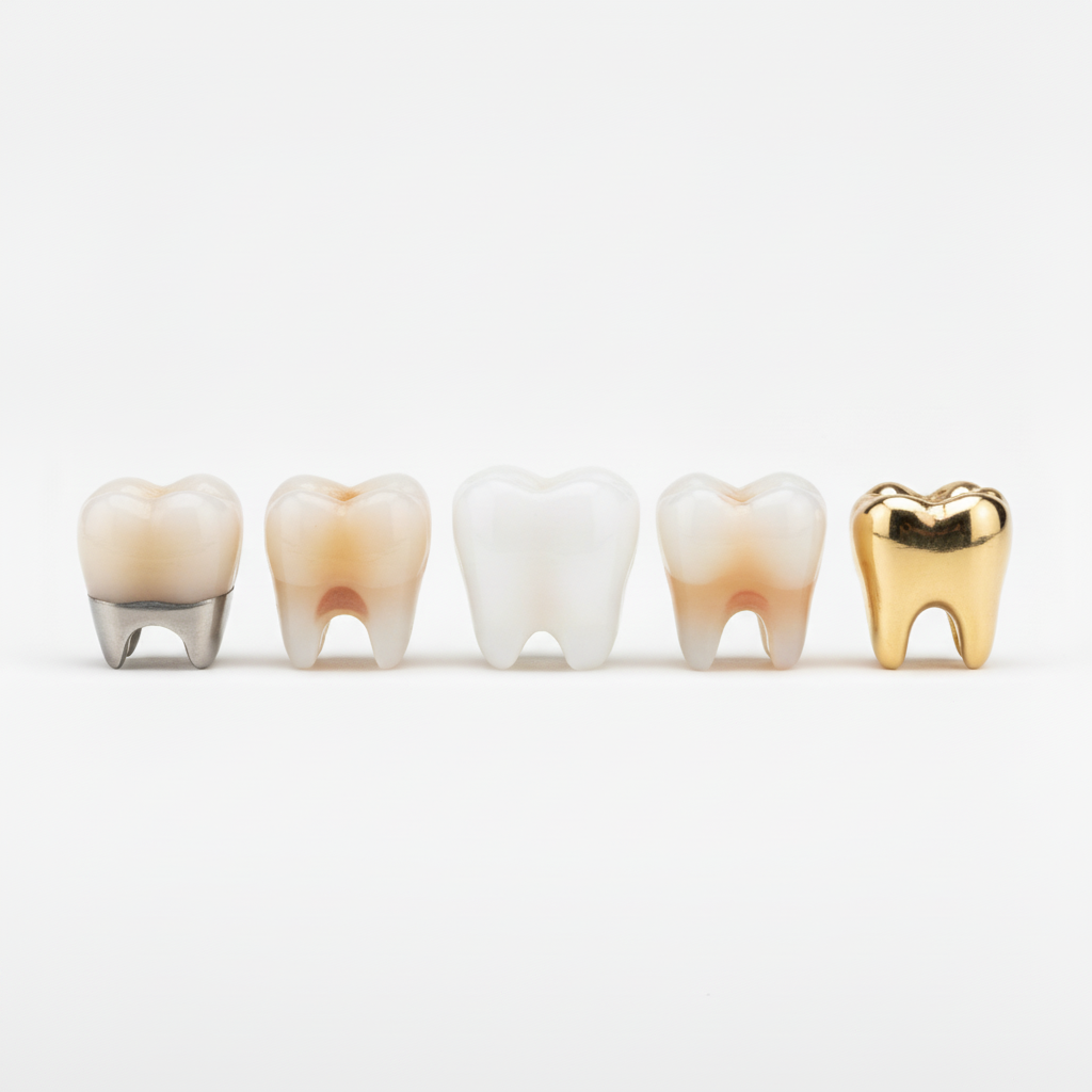 Different Dental Crown Types Displayed Dental Crowns in Turkey are available in many types, including porcelain-fused-to-metal, zirconia, and E-max.