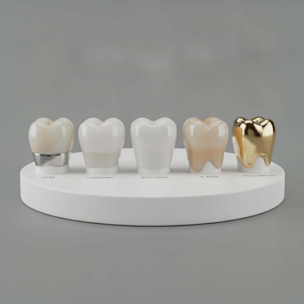 Visualizing Dental Crown Material Differences Dental Crowns in Turkey: A visual comparison of various crown types and their distinct material characteristics.