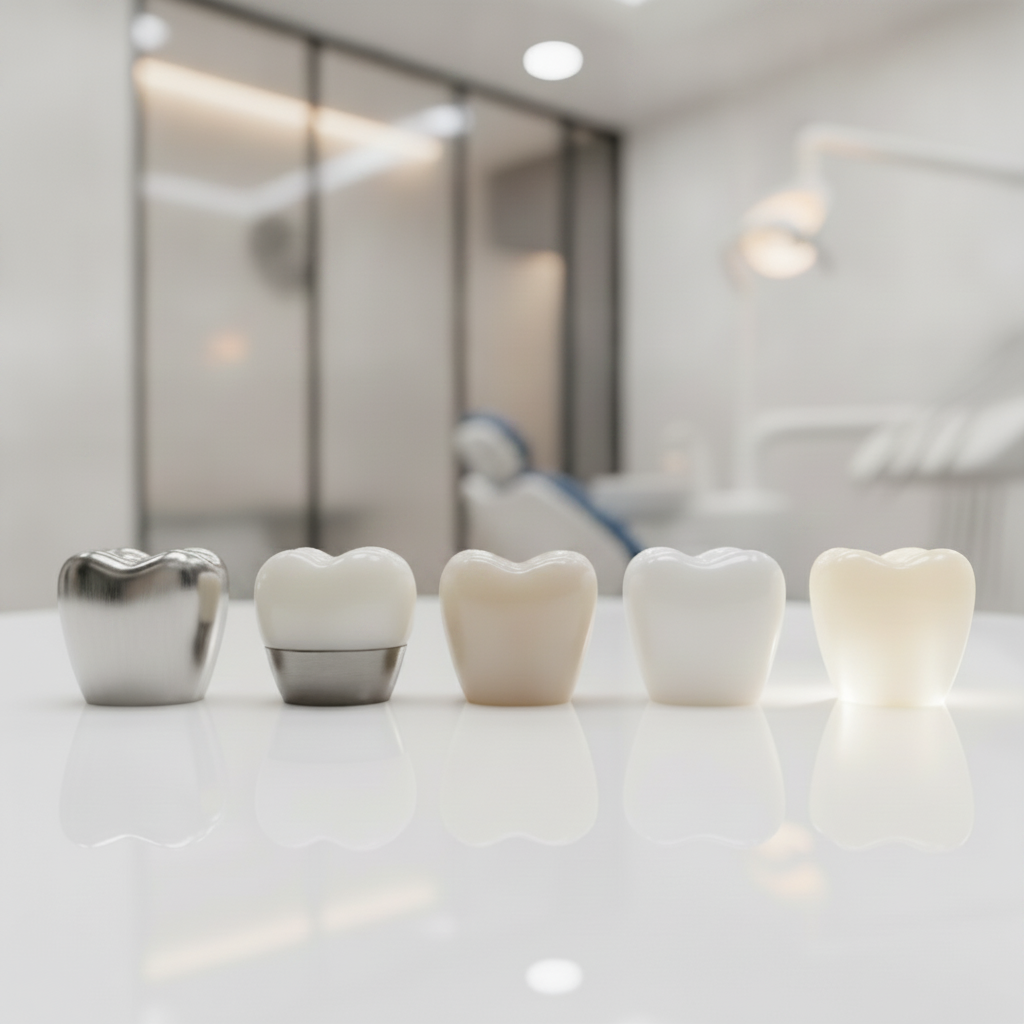 Comparing Diverse Dental Crown Materials Dental Crowns in Turkey showcasing various materials: PFM, porcelain, zirconia, E-max, and full metal options.